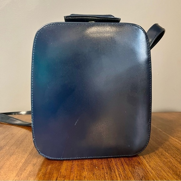 Vintage Navy Structured Box Crossbody Bag – Minimalist 90s Hard Shell Purse - Picture 7 of 14
